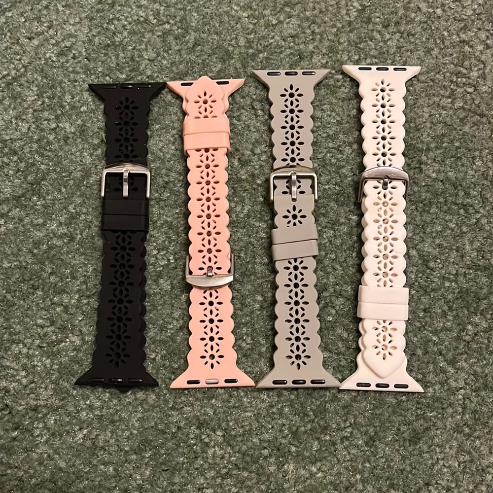 4 Apple Watch bands. Black, blush, grey, white